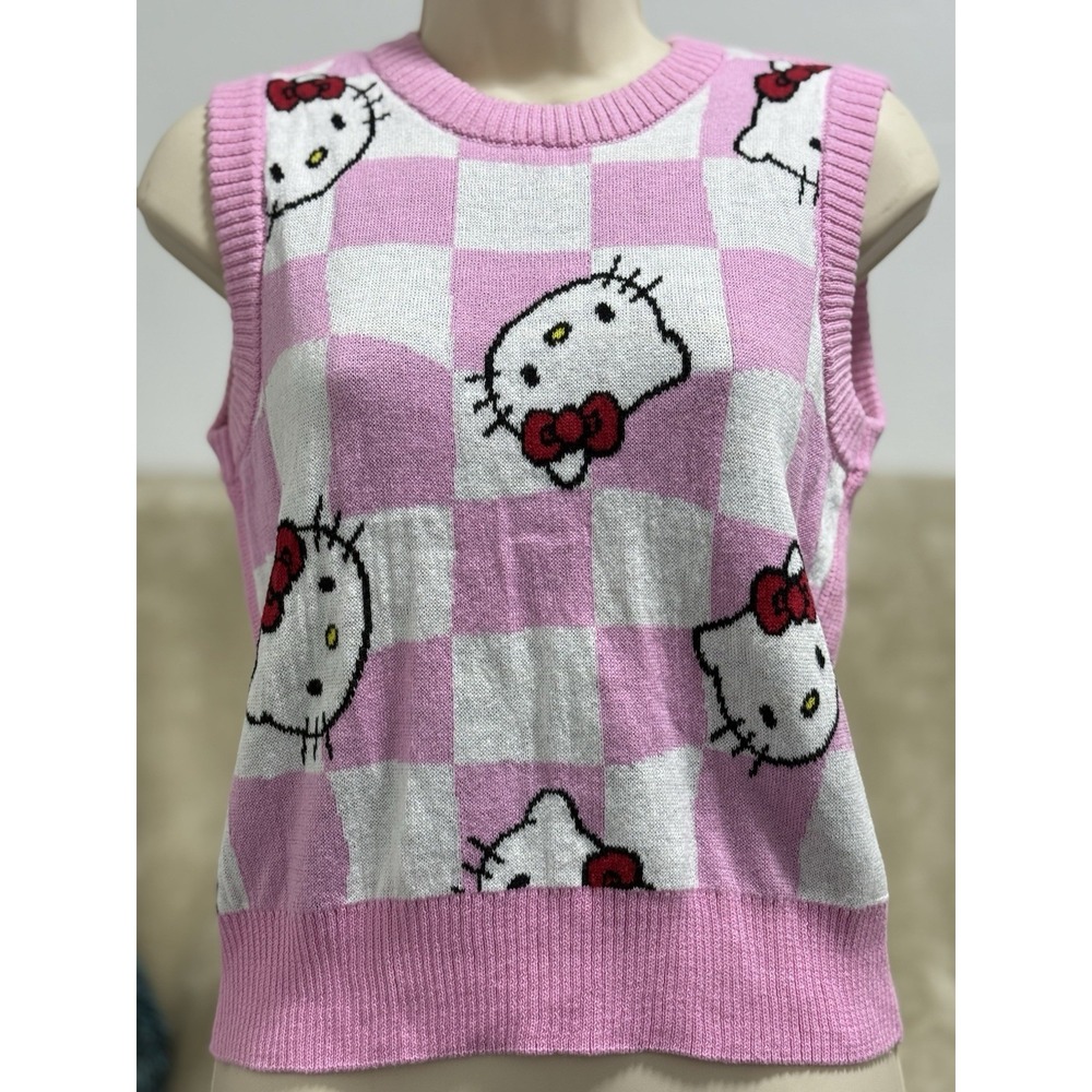 Hello Kitty‎ Sanrio Women's XS Retro Knit Checkered Sweater Vest Pink Crop Girl